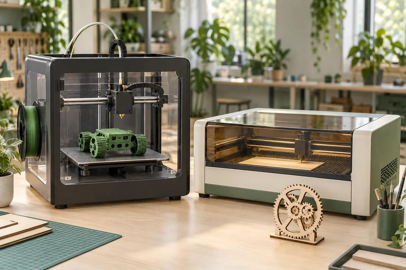 Imprimante 3D et machine de découpe laser dans un atelier